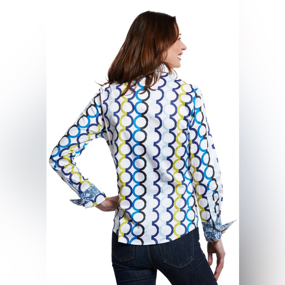 DIZZY LIZZIE TIZZIE Colorful Geometric Button-Up travel preppy Shirt NWT - Picture 2 of 3
